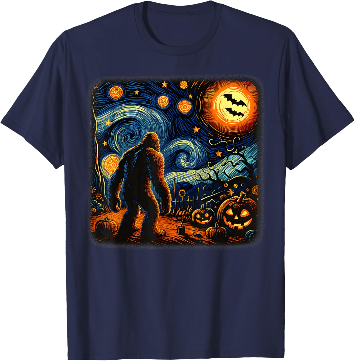 Halloween Bigfoot Starry Night Van Gogh Sasquatch Pumpkin T-Shirt - T-Shirt | Navy