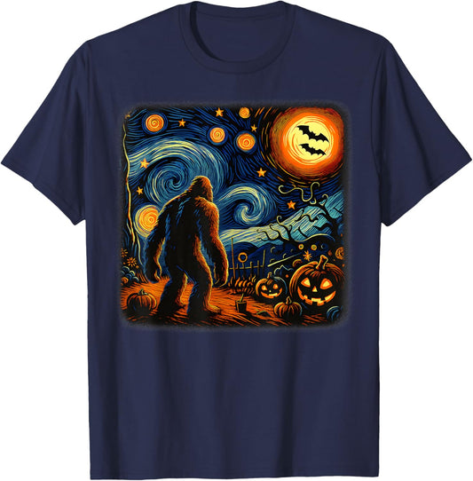 Halloween Bigfoot Starry Night Van Gogh Sasquatch Pumpkin T-Shirt - T-Shirt | Navy