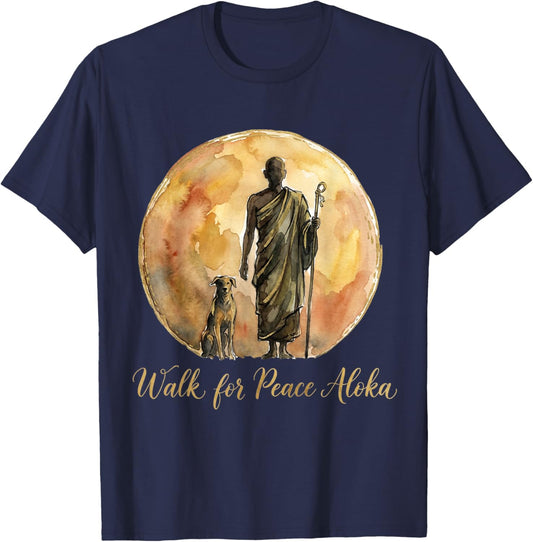 Walk for Peace Monks with Aloka Dog Monks Minimalist Zen T-Shirt - T-Shirt | Navy