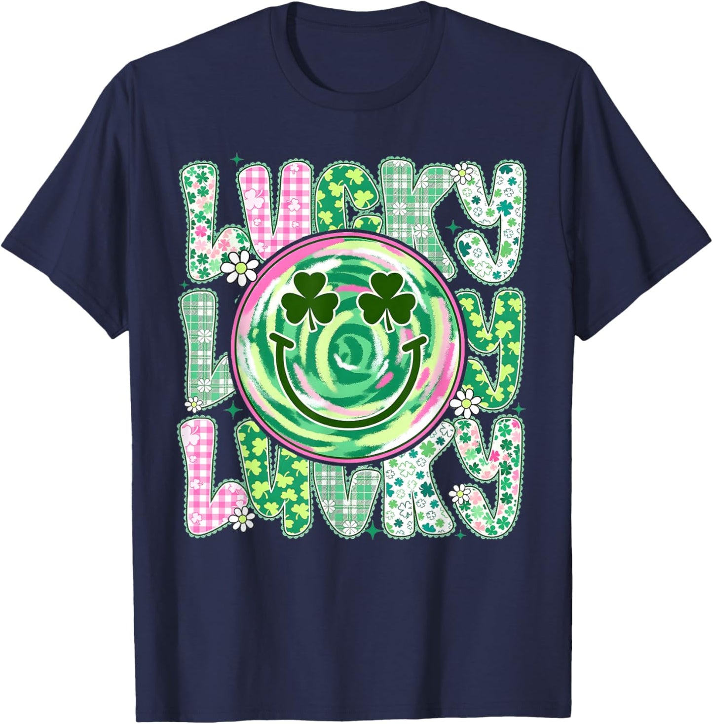 St Patricks Day Lace Lucky Smile Face Shamrock Men Women Kid T-Shirt - T-Shirt | Navy