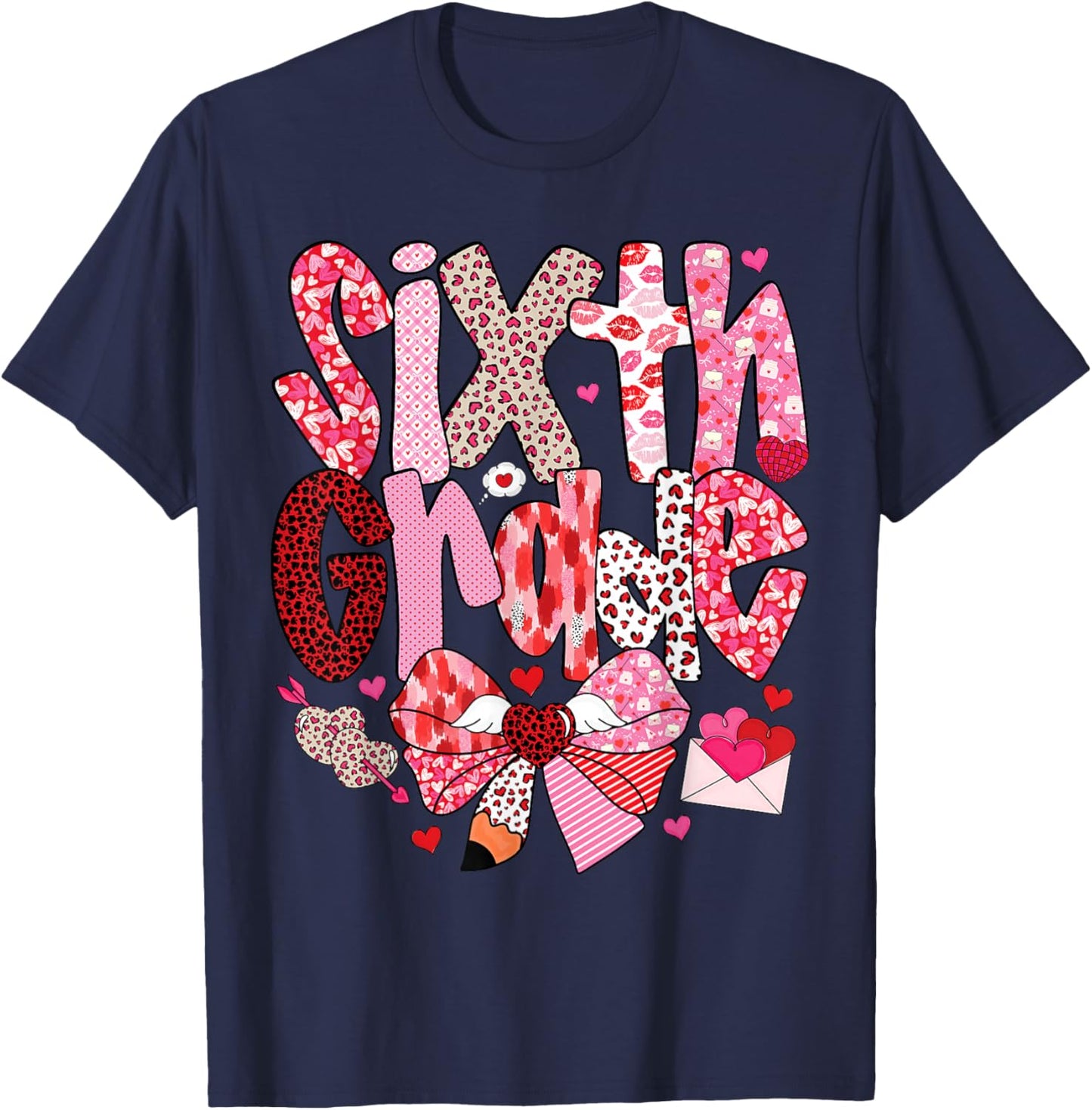 Sixth Grade Valentine Teacher Heart Design T-Shirt - T-Shirt | Navy