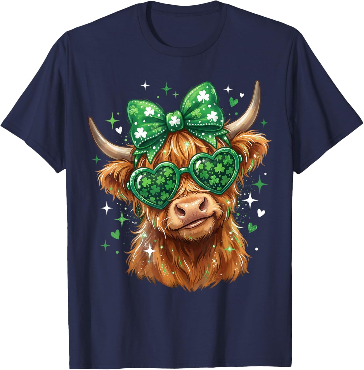 Highland Cow St Patricks Day Women Shamrock Saint Pattys T-Shirt - T-Shirt | Navy