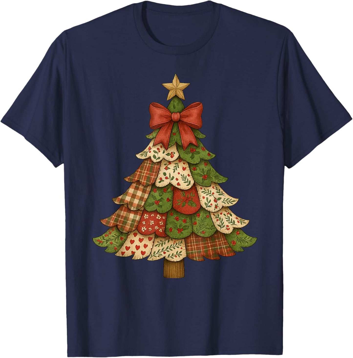 Vintage Patchwork Christmas Tree Retro Merry Christmas Bow T-Shirt - T-Shirt | Navy