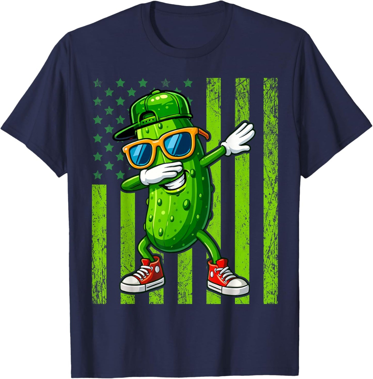 Dabbing Pickle Retro American Flag Funny Cucumber Pickles T-Shirt - T-Shirt | Navy