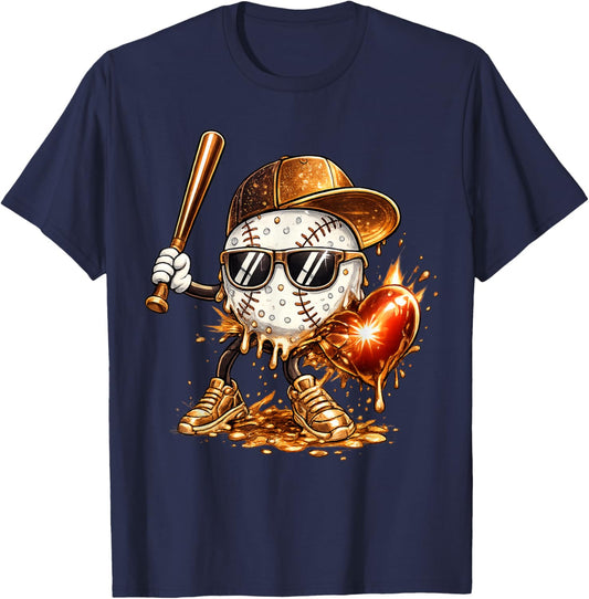 Baseball Valentine's Day Drip Ice Cream Team T-Shirt - T-Shirt | Navy