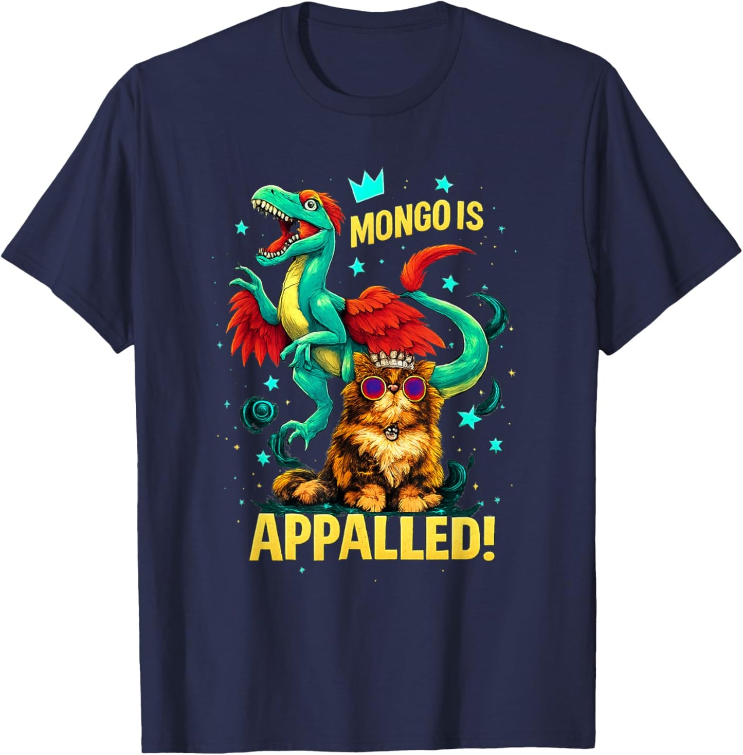 Vintage Mongo is Appalled, Princess Cat Riding Dinosaur T-Shirt - T-Shirt | Navy