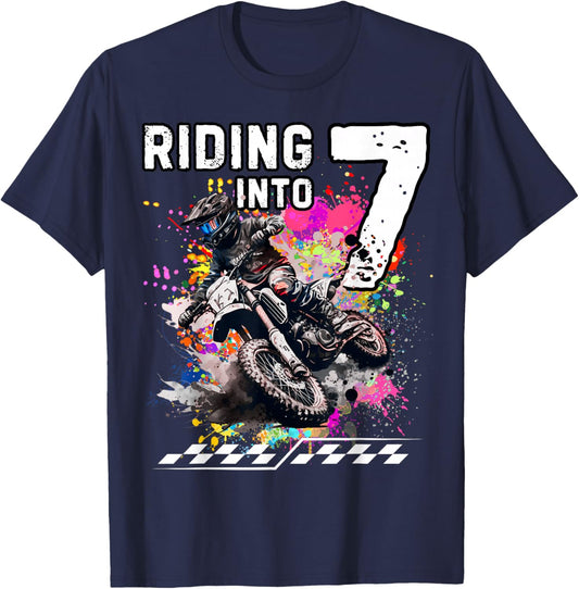 Motocross Birthday 7th Year Old Riding Into 7 MX Dirt Bike T-Shirt - T-Shirt | Navy
