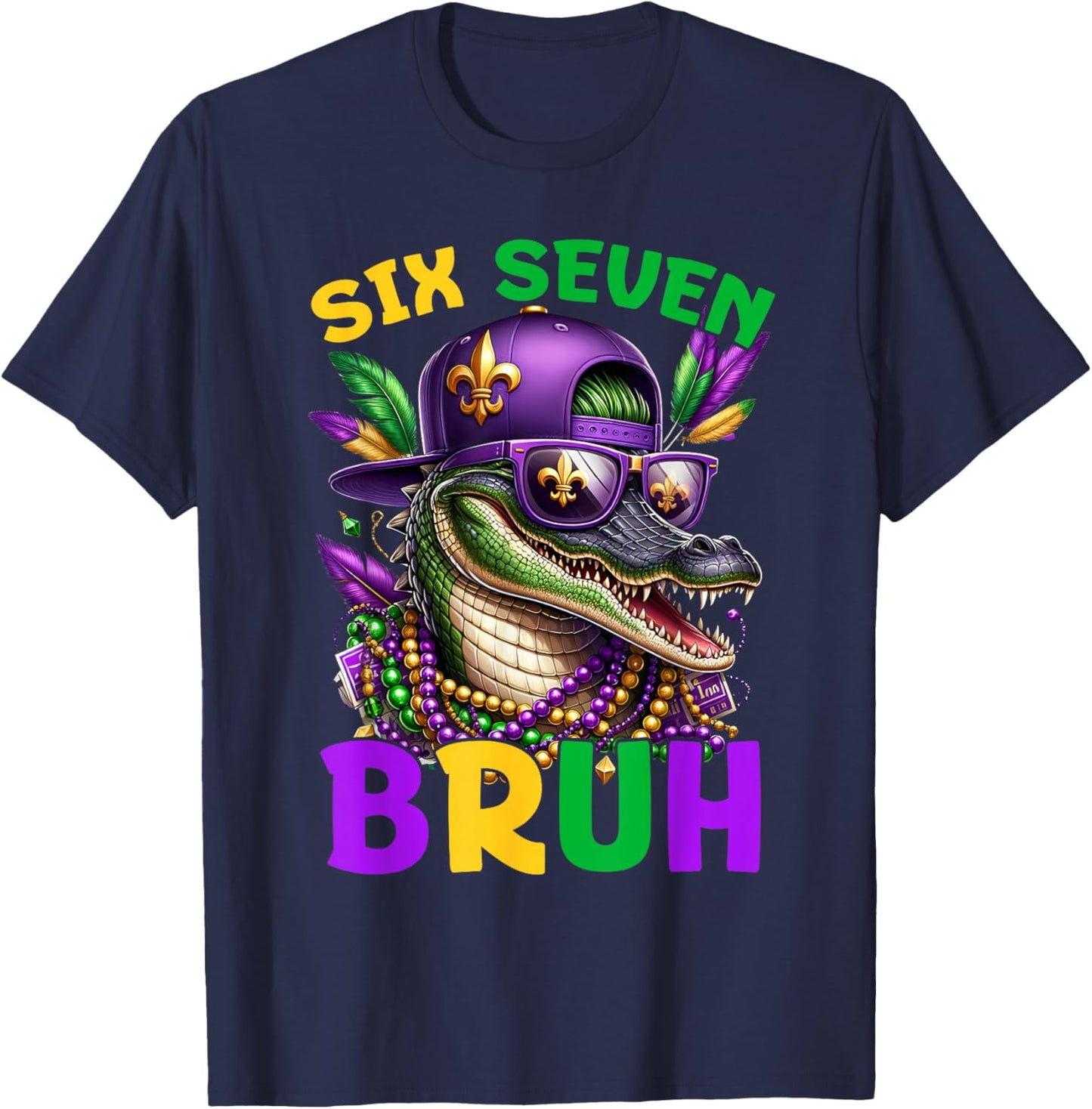 Mardi Gras Six Seven Bruh Mardigator Alligator 6 7 Meme Boys T-Shirt - T-Shirt | Navy