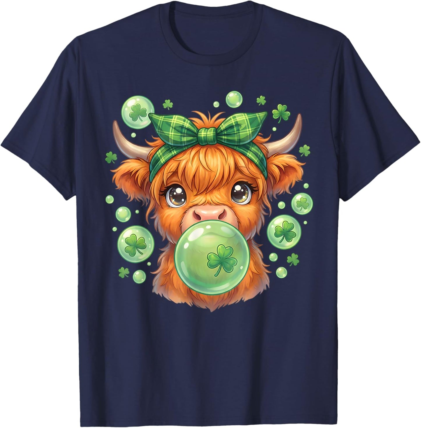 Highland Cow Blowing Bubblegum Celebrate St Patricks Day T-Shirt - T-Shirt | Navy
