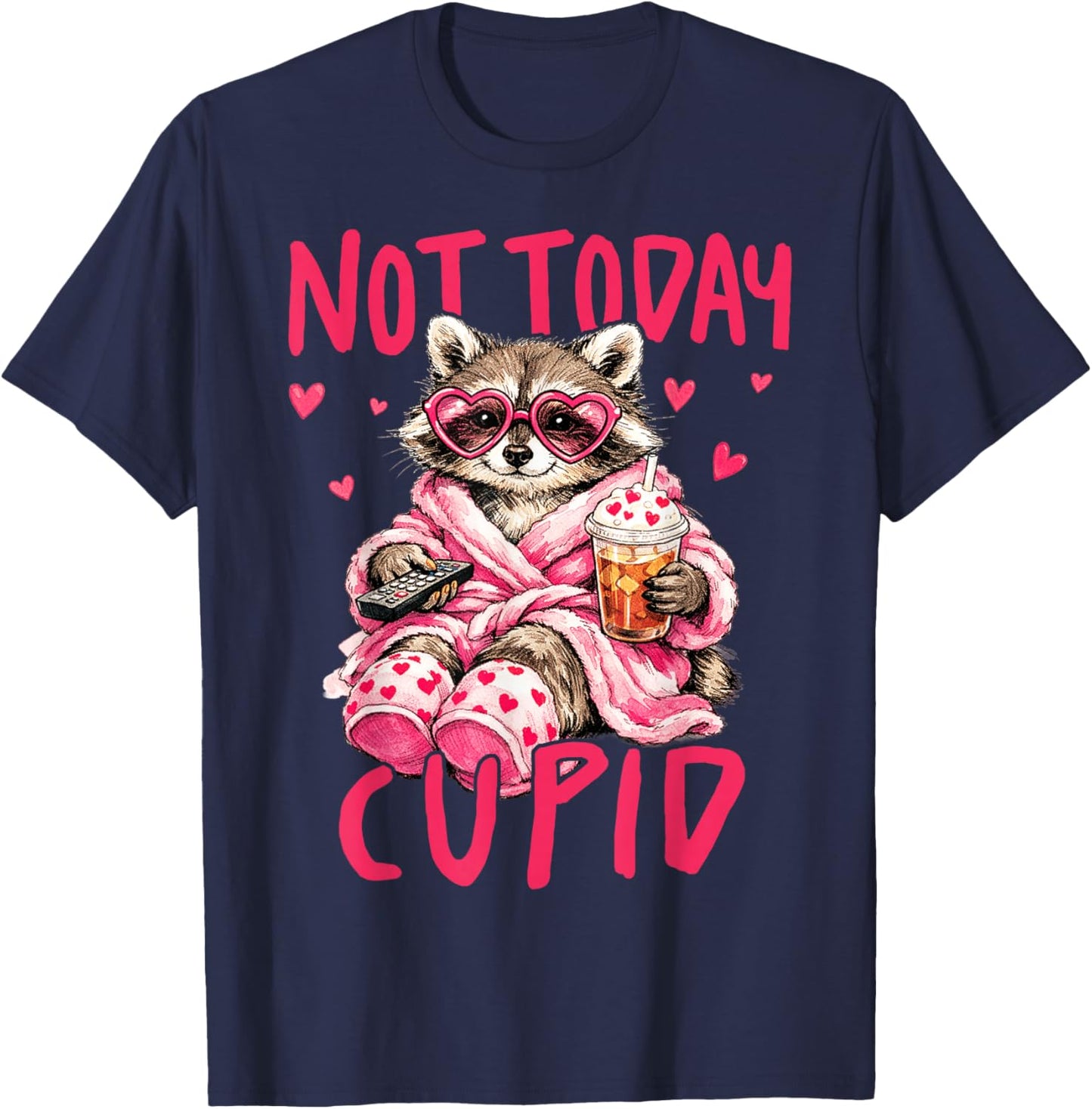 Cupid Raccoon Anti Valentines Day Single Iced Coffee Hearts T-Shirt - T-Shirt | Navy