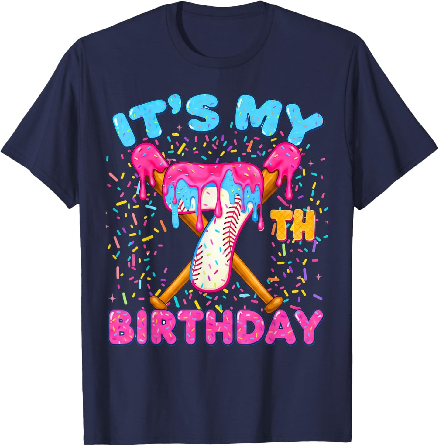 7th Birthday Baseball Seven Ice Cream Drip Boy Baseball T-Shirt - T-Shirt | Navy