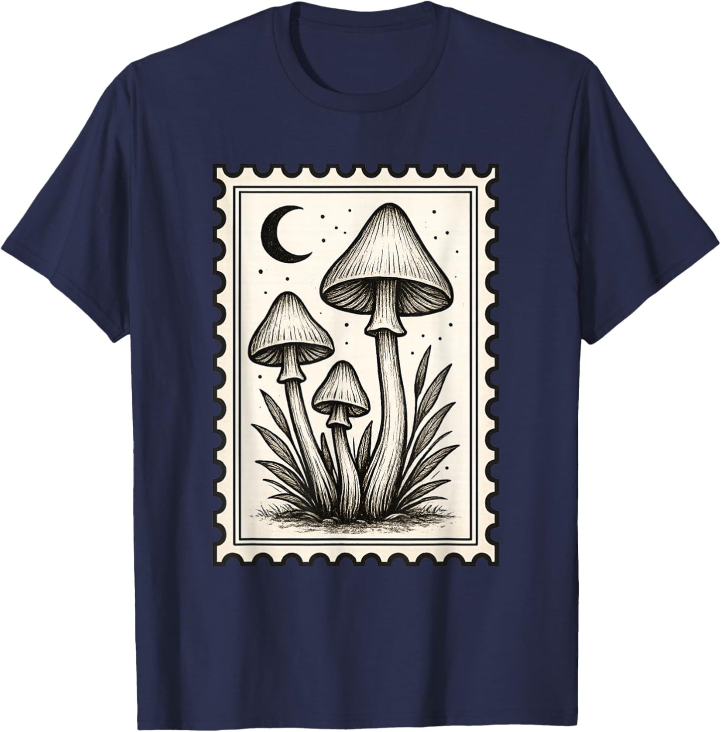 Vintage Mushroom Stamp Botanical Art T-Shirt - T-Shirt | Navy