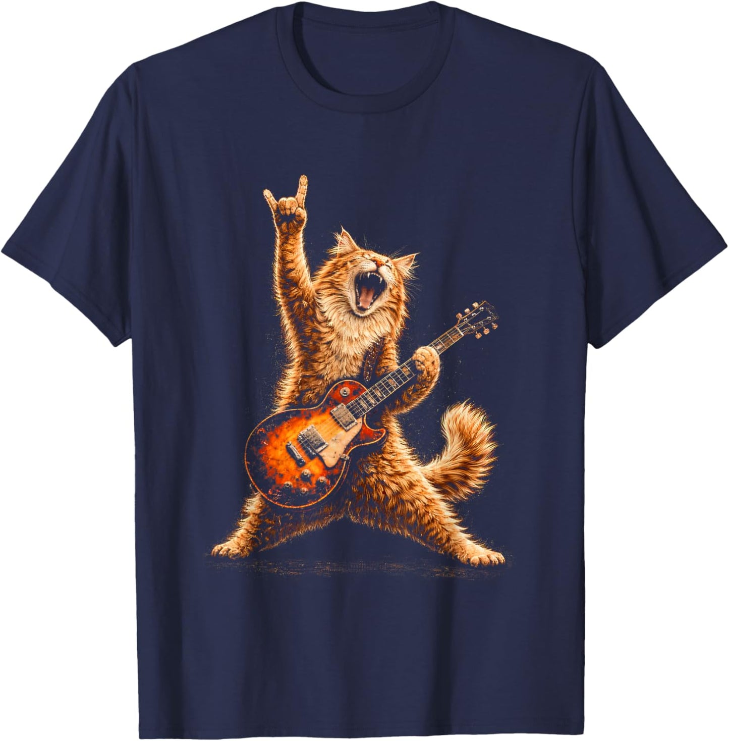 Funny Cat Playing Guitar Shirt Cat Guitarist Rock and Roll T-Shirt - T-Shirt | Navy
