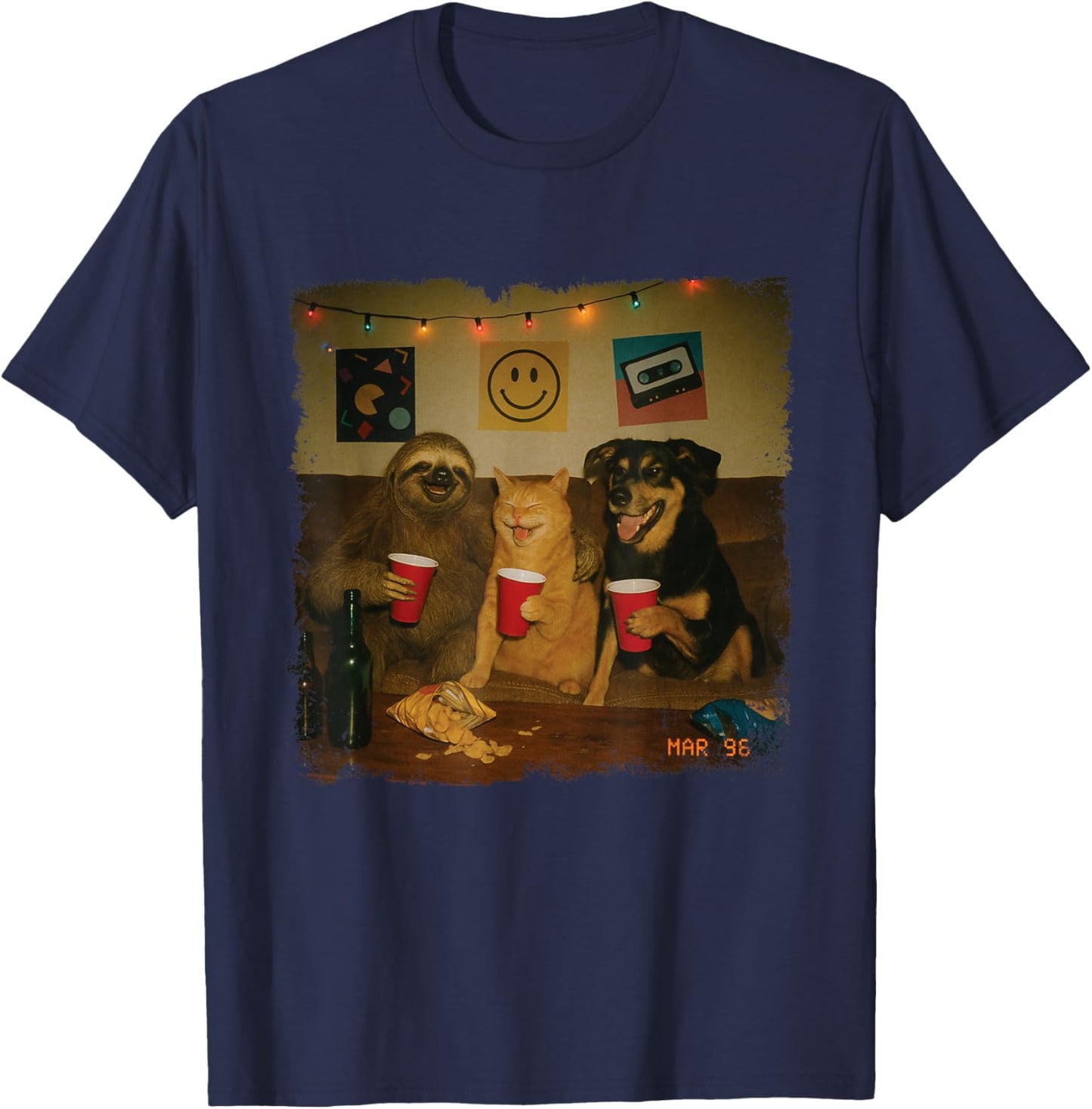 Funny 90s House Party Cat Sloth Dog Meme Trendy T-Shirt - T-Shirt | Navy
