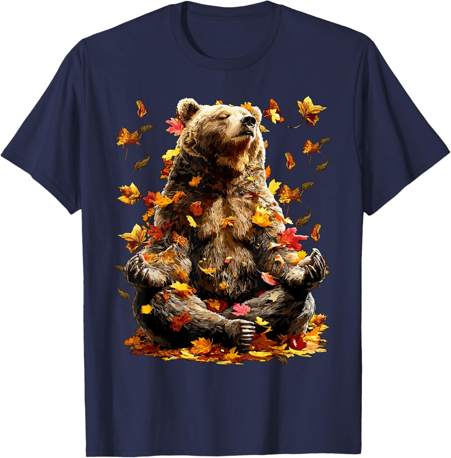 Peaceful Bear Fall Leaves Meditating Zen Animal Autumn Yoga T-Shirt - T-Shirt | Navy