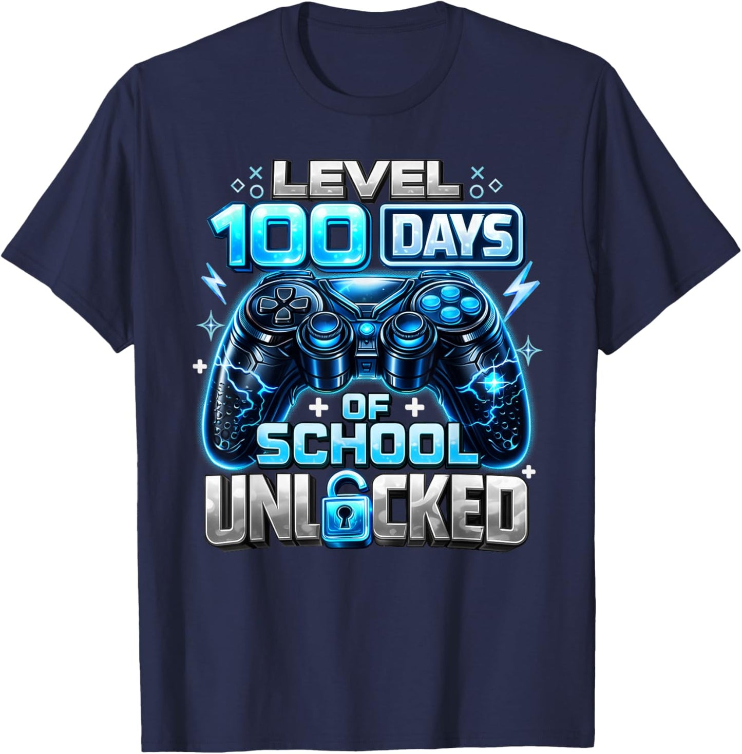Gamer Blue Level 100 Days of School Unlocked T-Shirt - T-Shirt | Navy
