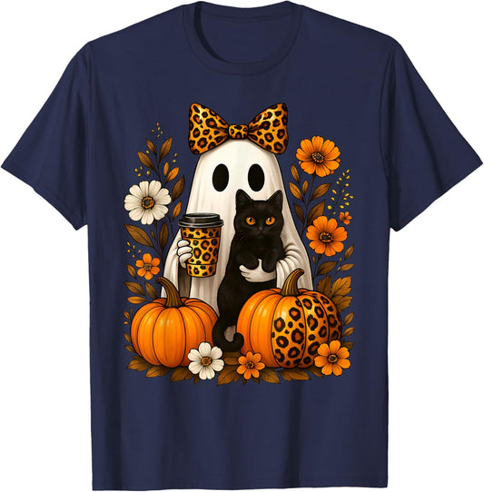 Ghost Holding a Cat & Coffee Leopard Print Autumn Halloween T-Shirt - T-Shirt | Navy