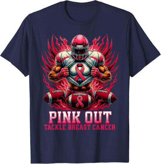 Pink Out Tackle Breast Cancer Awareness American Football T-Shirt - T-Shirt | Navy