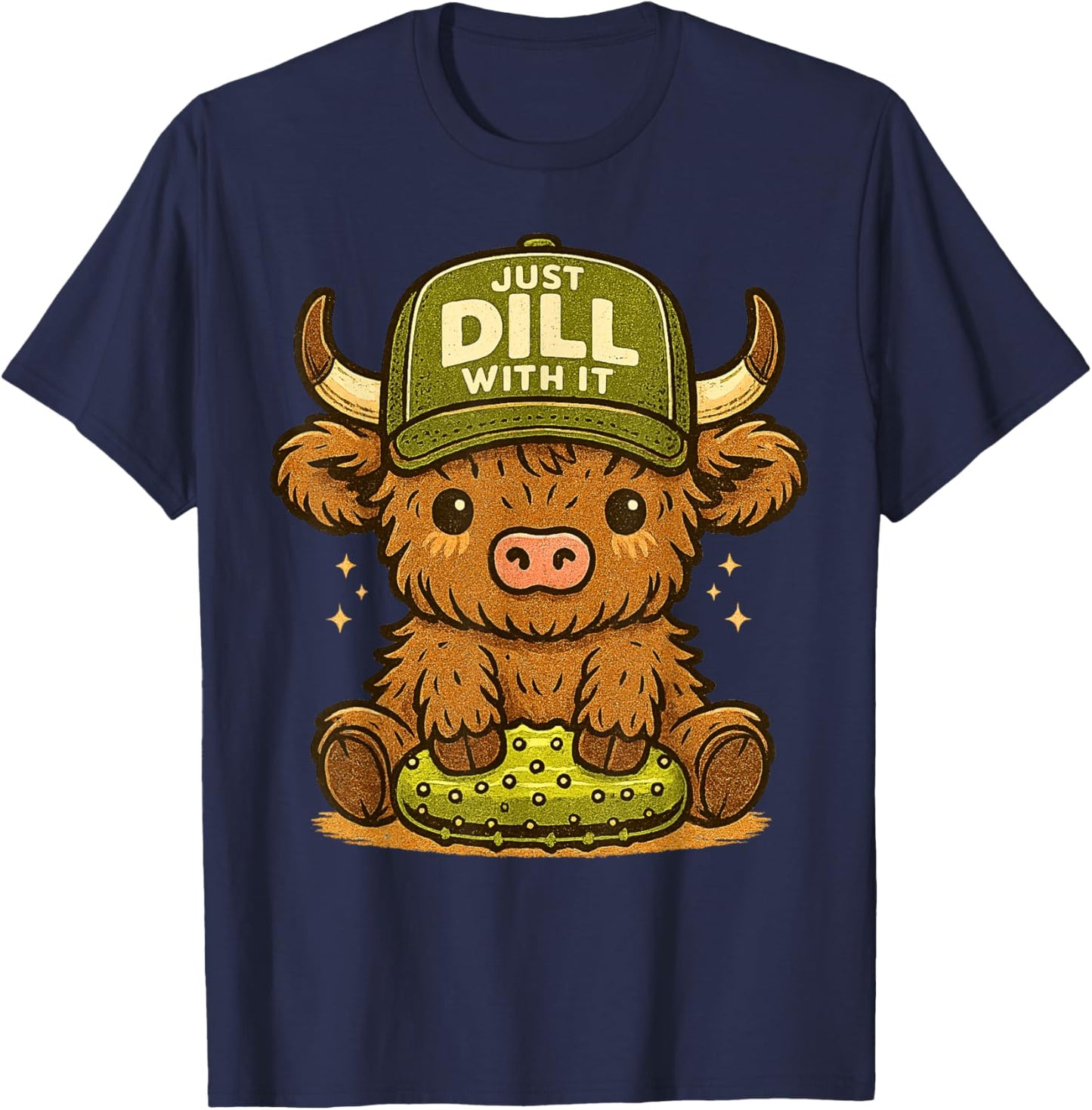 Just Dill with It Cute Highland Cow Pickle Pun T-Shirt - T-Shirt | Navy
