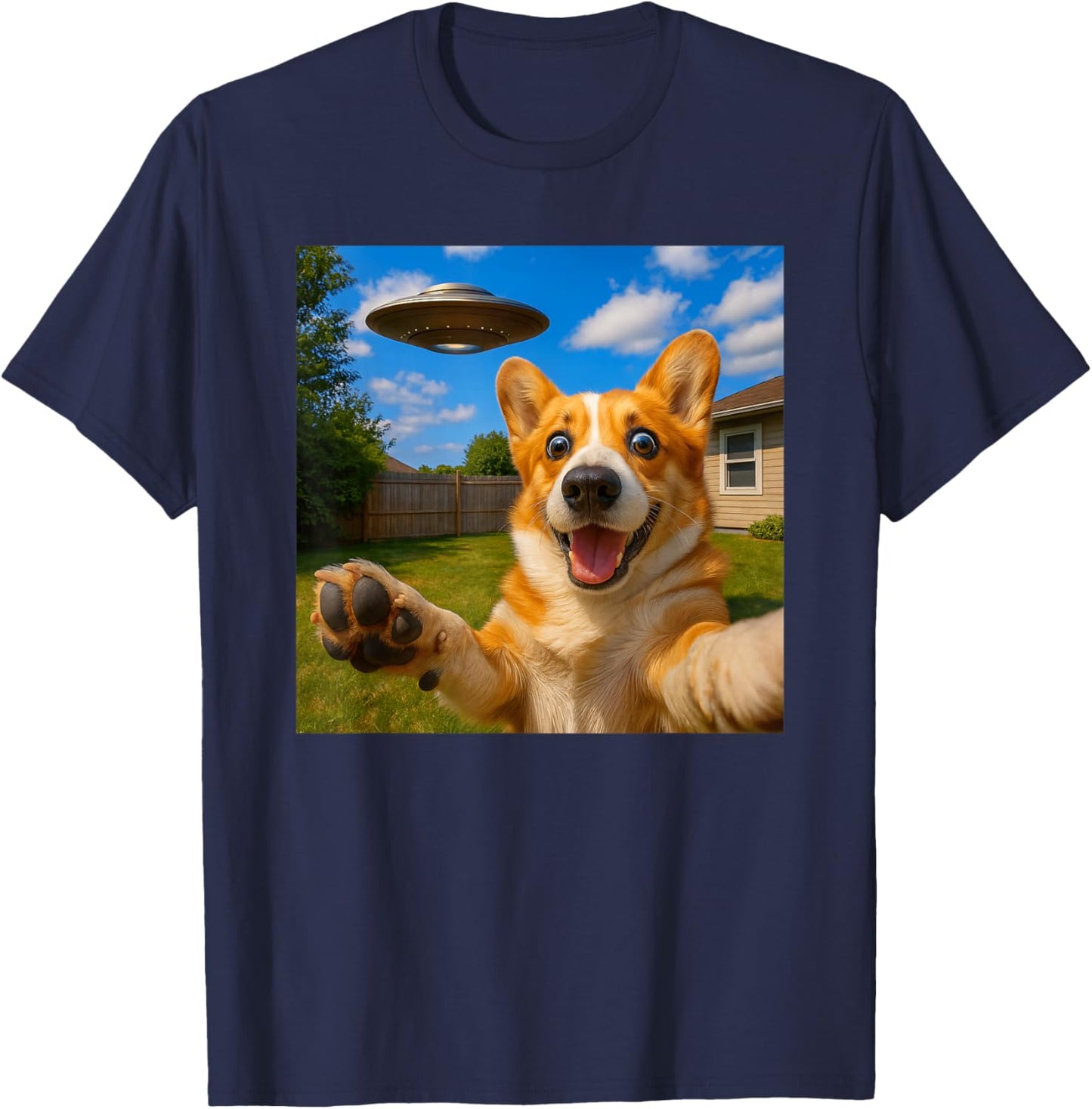 Corgi UFO Selfie with Funny Invasion Alien Sarcastic Humor T-Shirt - T-Shirt | Navy