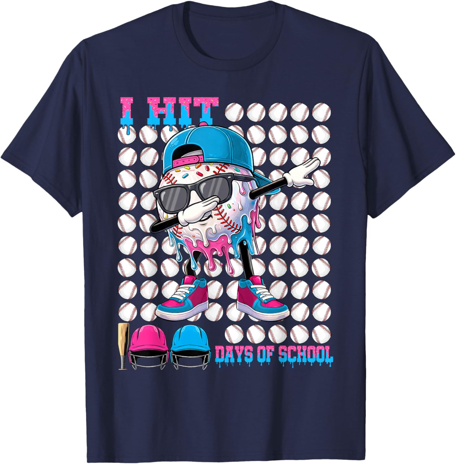100 Days of School Baseball Drip Boys Kids 100th Day School T-Shirt - T-Shirt | Navy