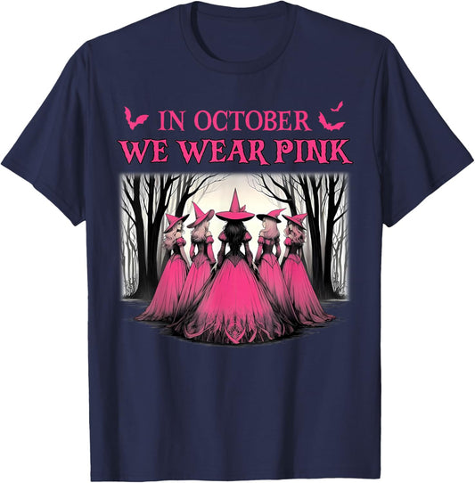 Retro in October We Wear Pink Witch Breast Cancer Awareness T-Shirt - T-Shirt | Navy