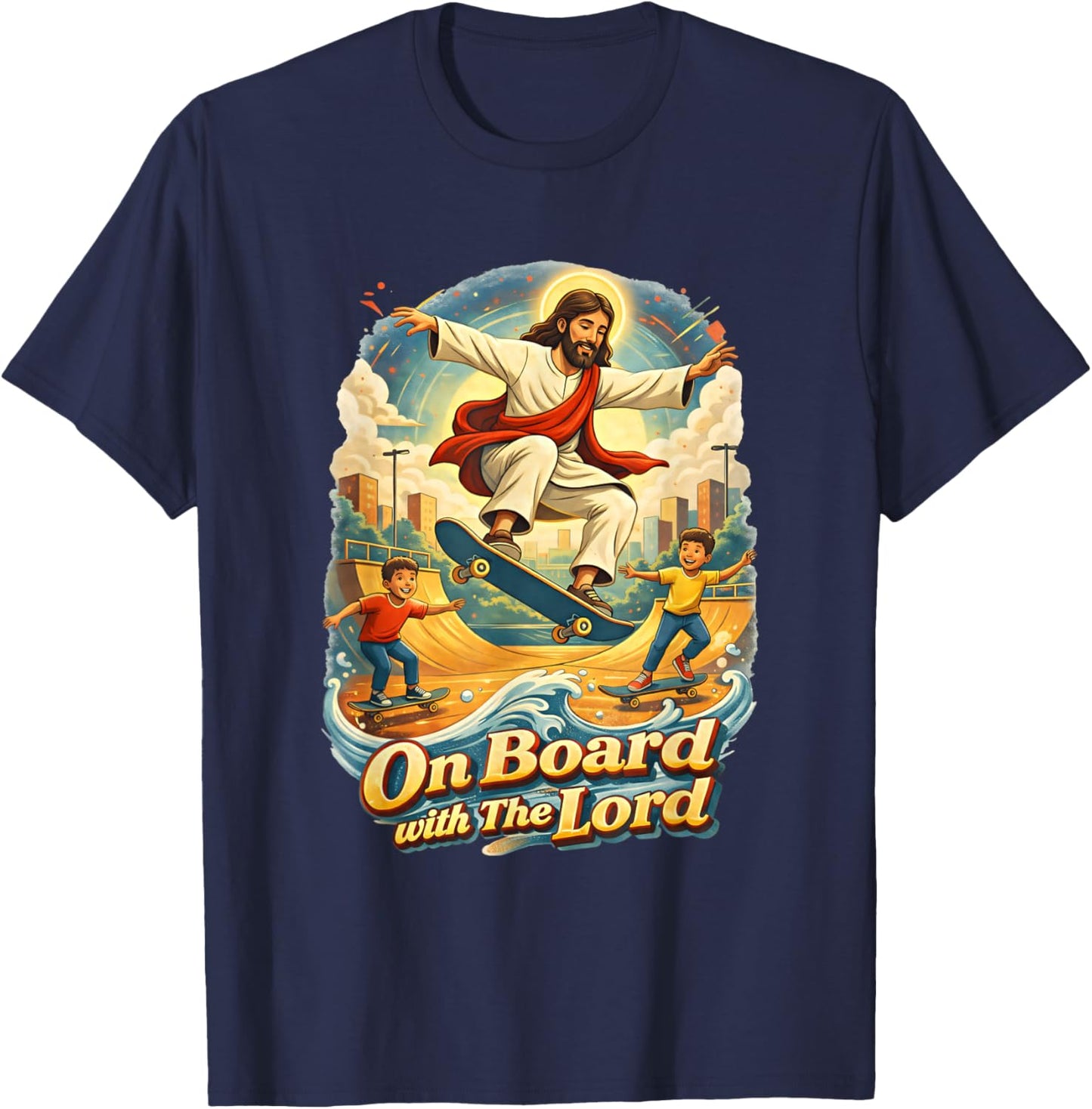 On a Board with a Lord Jesus Skateboarding Skateboard T-Shirt - T-Shirt | Navy