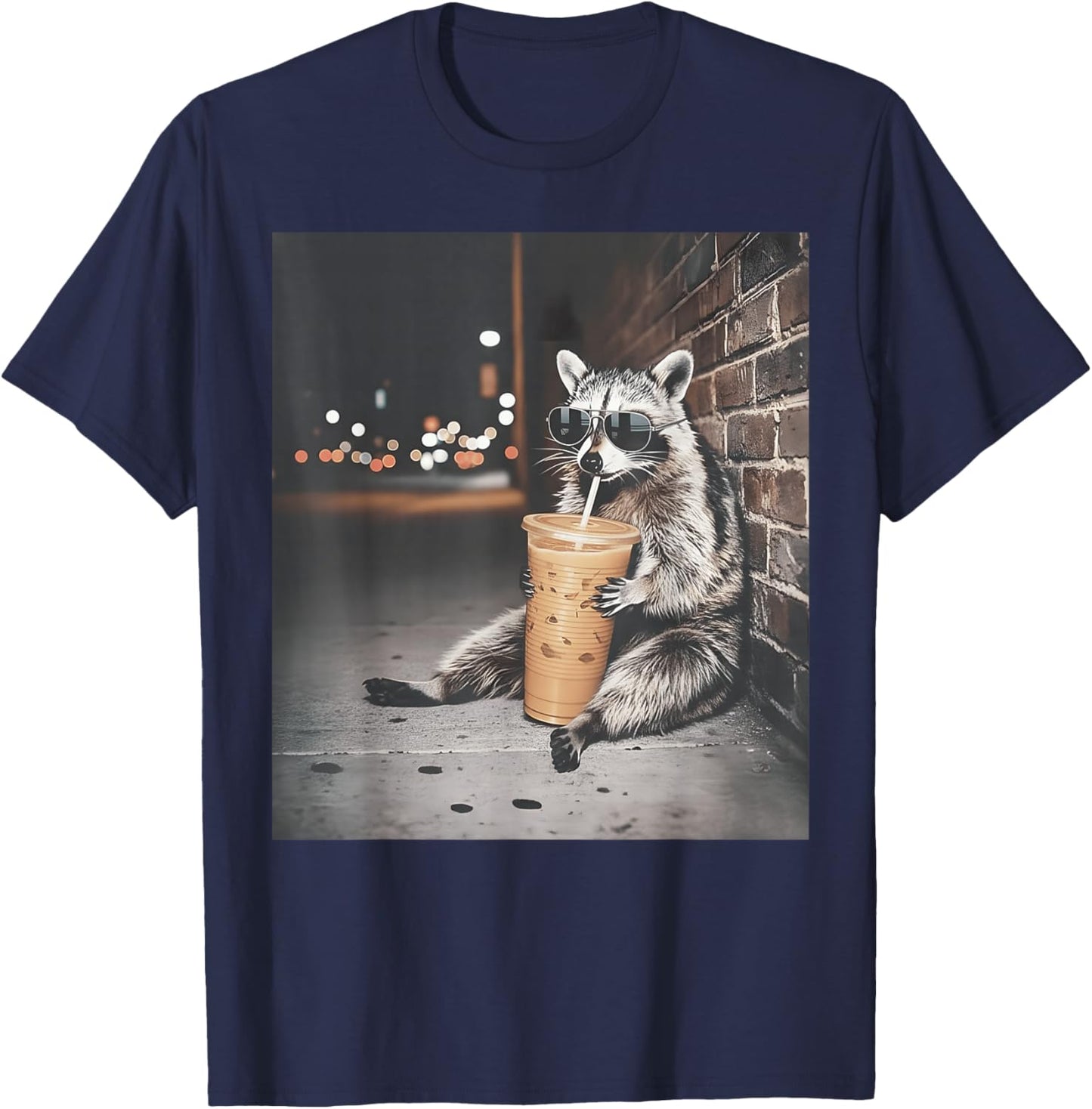 Raccoon Drinking Iced Coffee Funny Animal Meme Men Women T-Shirt - T-Shirt | Navy
