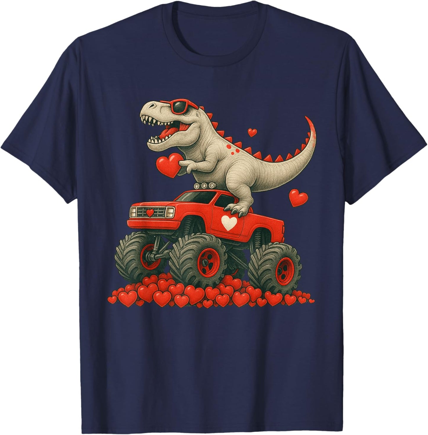 Valentines Day T Rex Riding Monster Truck Funny Toddler Boys T-Shirt - T-Shirt | Navy
