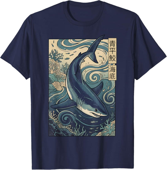 Great White Shark Japanese T-Shirt - T-Shirt | Navy