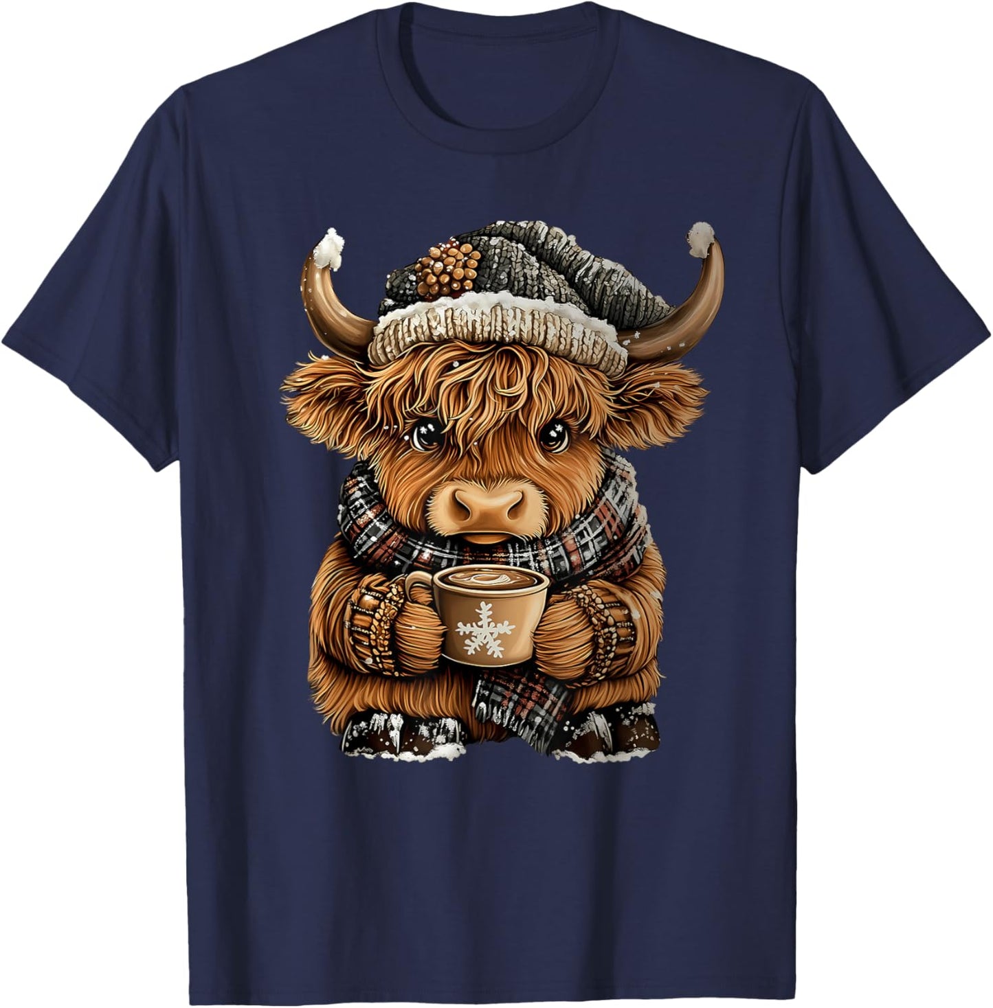 Cute Christmas Highland Cow Drinking Coffee Winter Holiday T-Shirt - T-Shirt | Navy
