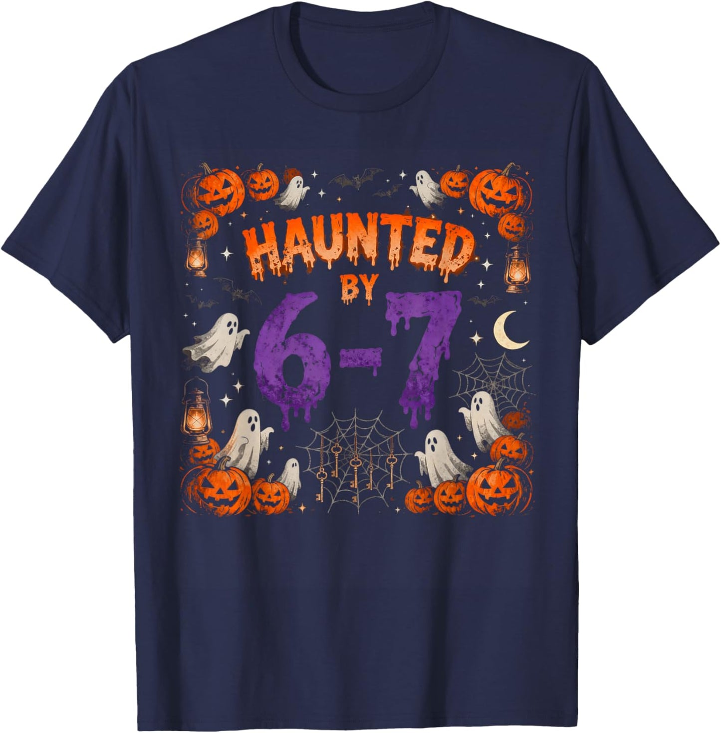 Funny Haunted by 67 Halloween Ghost Pumpkin Six Seven Meme T-Shirt - T-Shirt | Navy