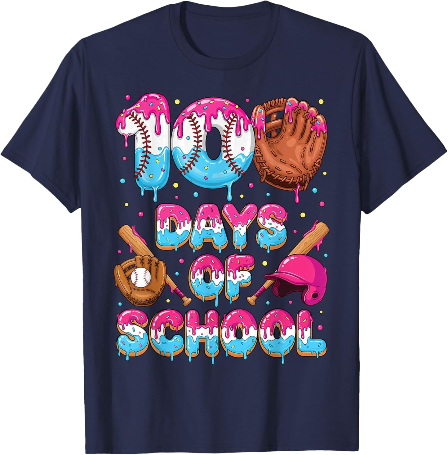 100 Days of School Baseball Donut Dripping Teacher Boys Kids T-Shirt - T-Shirt | Navy