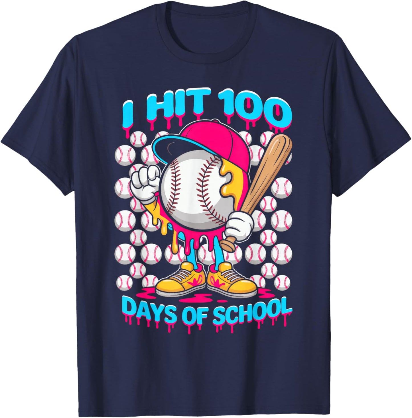 I hit 100 Days of School, Baseball Ice Cream Drip T-Shirt - T-Shirt | Navy