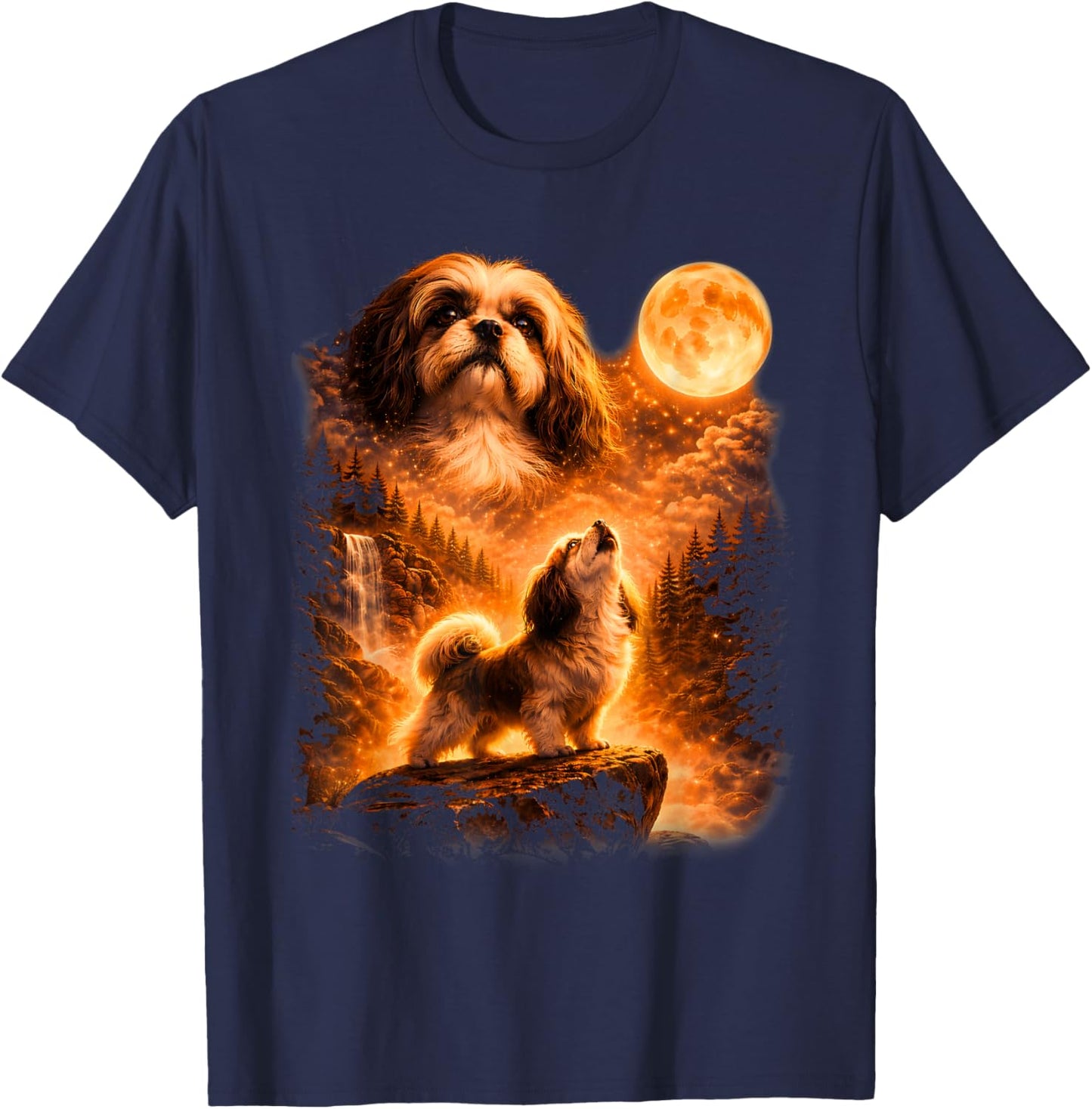 Shih Tzu Howling to The Moon Funny Vintage 90s Dog Lover T-Shirt - T-Shirt | Navy