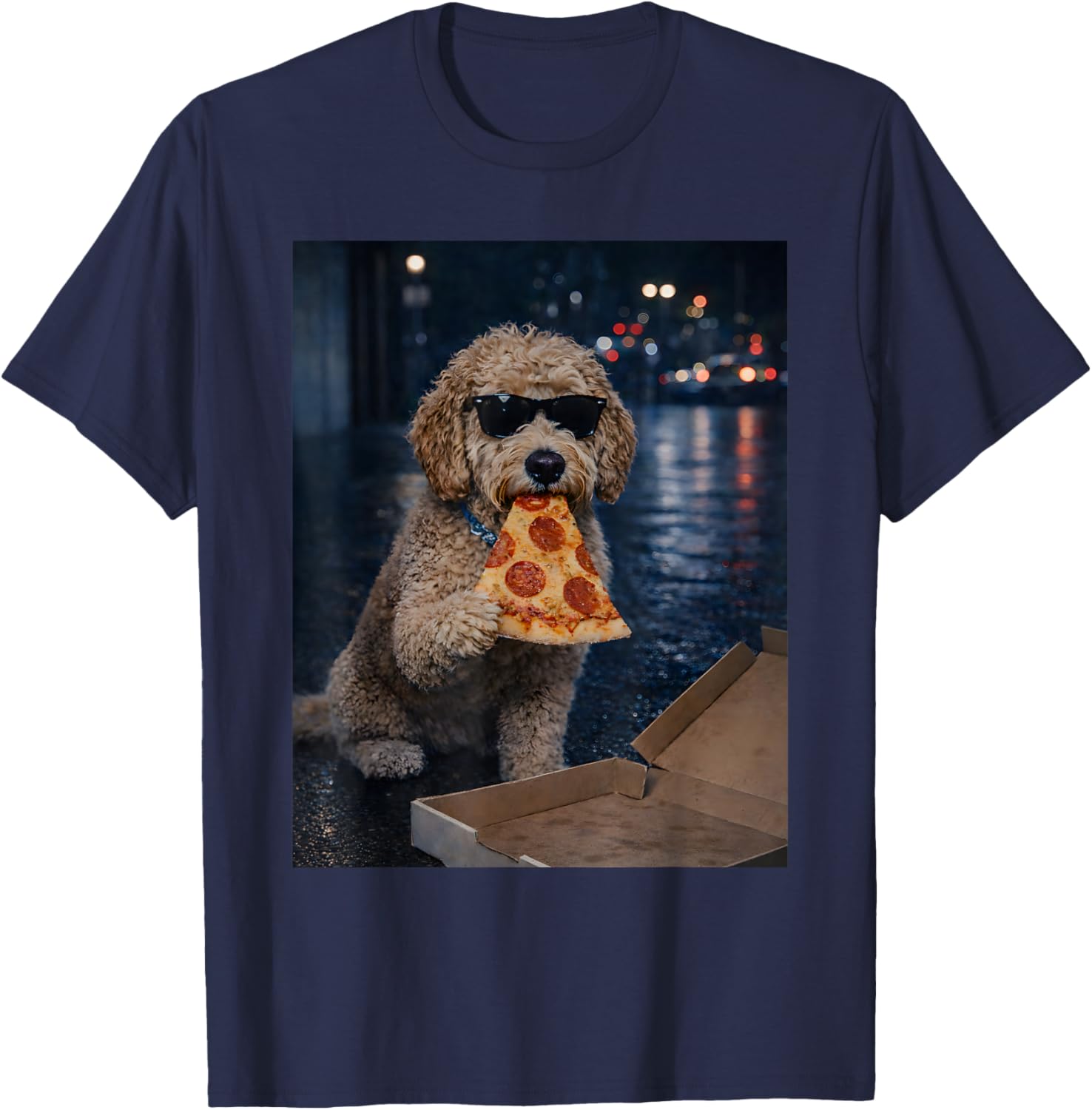 Funny Goldendoodle Dog Eating Pizza Meme Retro T-Shirt - T-Shirt | Navy