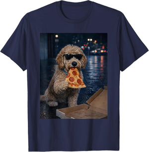 Funny Goldendoodle Dog Eating Pizza Meme Retro T-Shirt - T-Shirt | Navy
