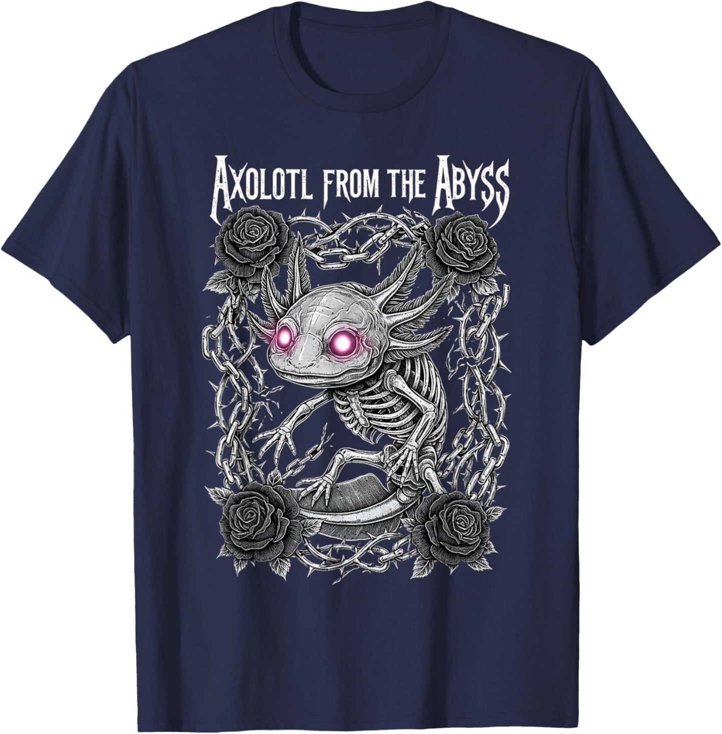 Skeleton Axolotl Gothic Heavy Metal Roses and Chains T-Shirt - T-Shirt | Navy