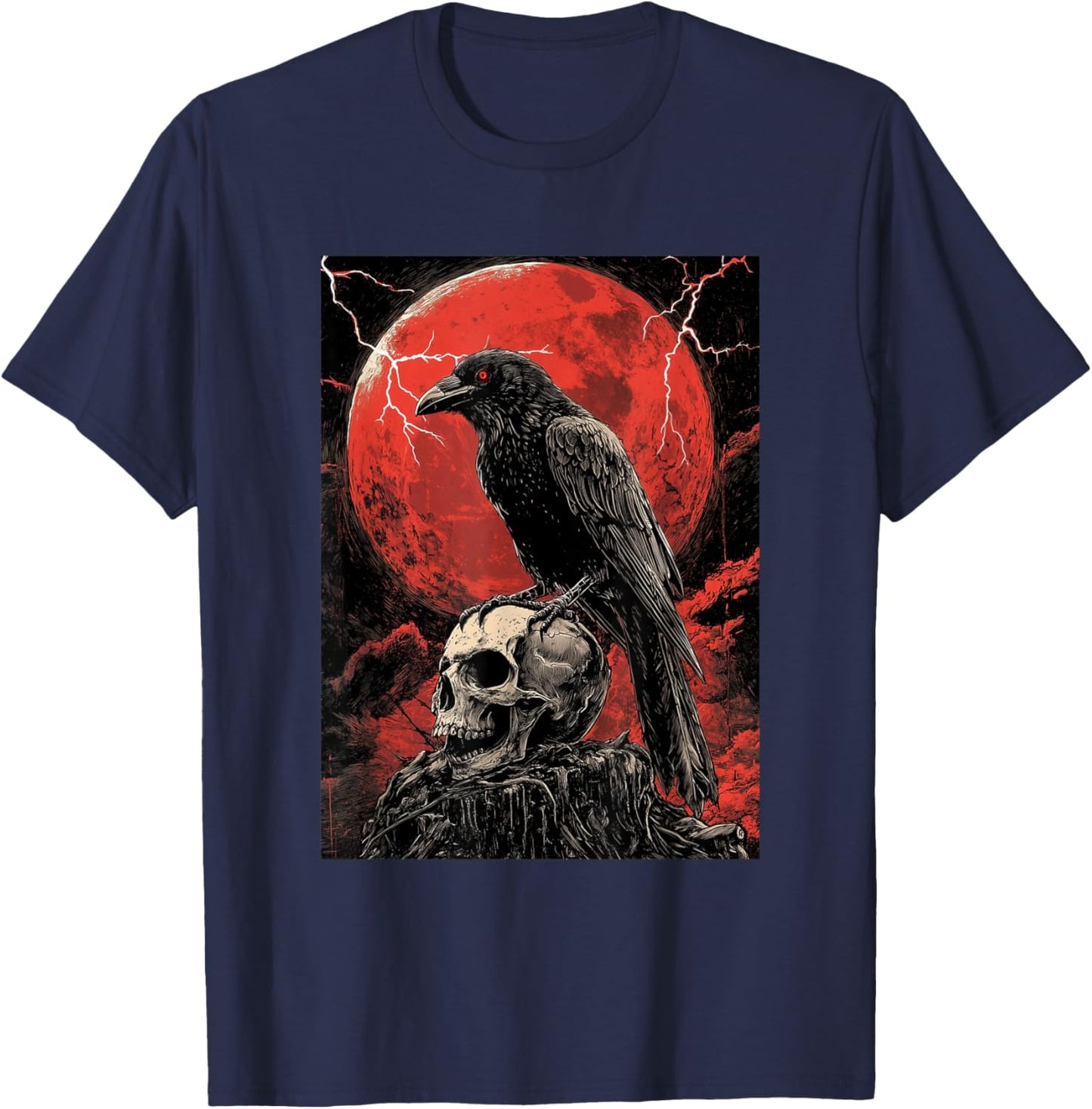 Raven Skull Moon Men Black Gothic Women Black Crow T-Shirt - T-Shirt | Navy