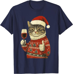 Christmas Cat Likes Cute Cat Drinking Wine with Santa Hat T-Shirt - T-Shirt | Navy