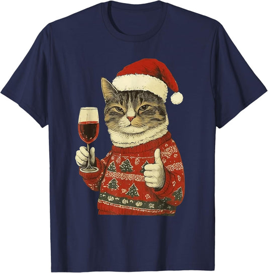 Christmas Cat Likes Cute Cat Drinking Wine with Santa Hat T-Shirt - T-Shirt | Navy