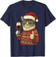 Christmas Cat Likes Cute Cat Drinking Wine with Santa Hat T-Shirt - T-Shirt | Navy