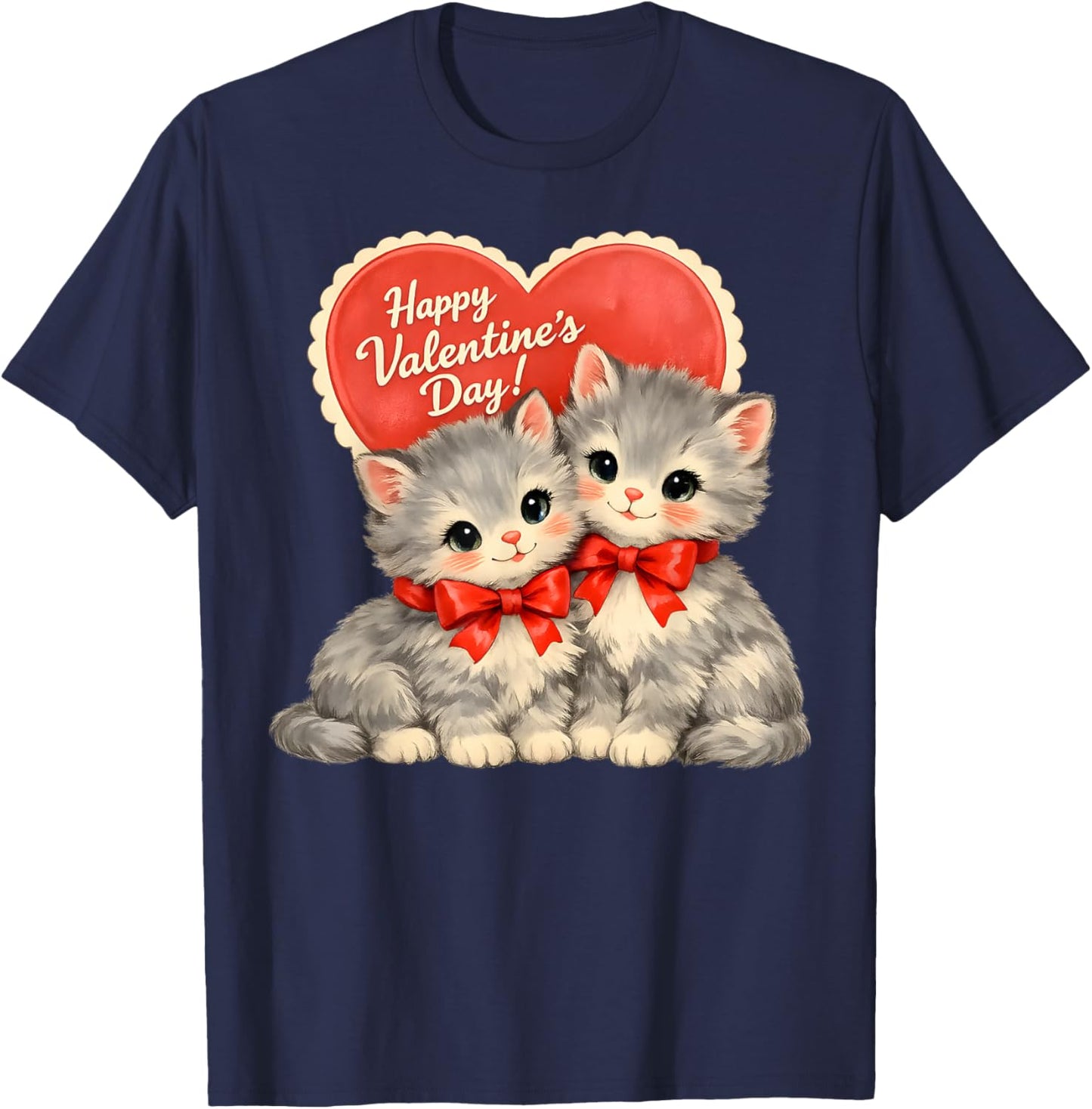 Vintage Valentine Kittens Retro Cute Cat T-Shirt - T-Shirt | Navy