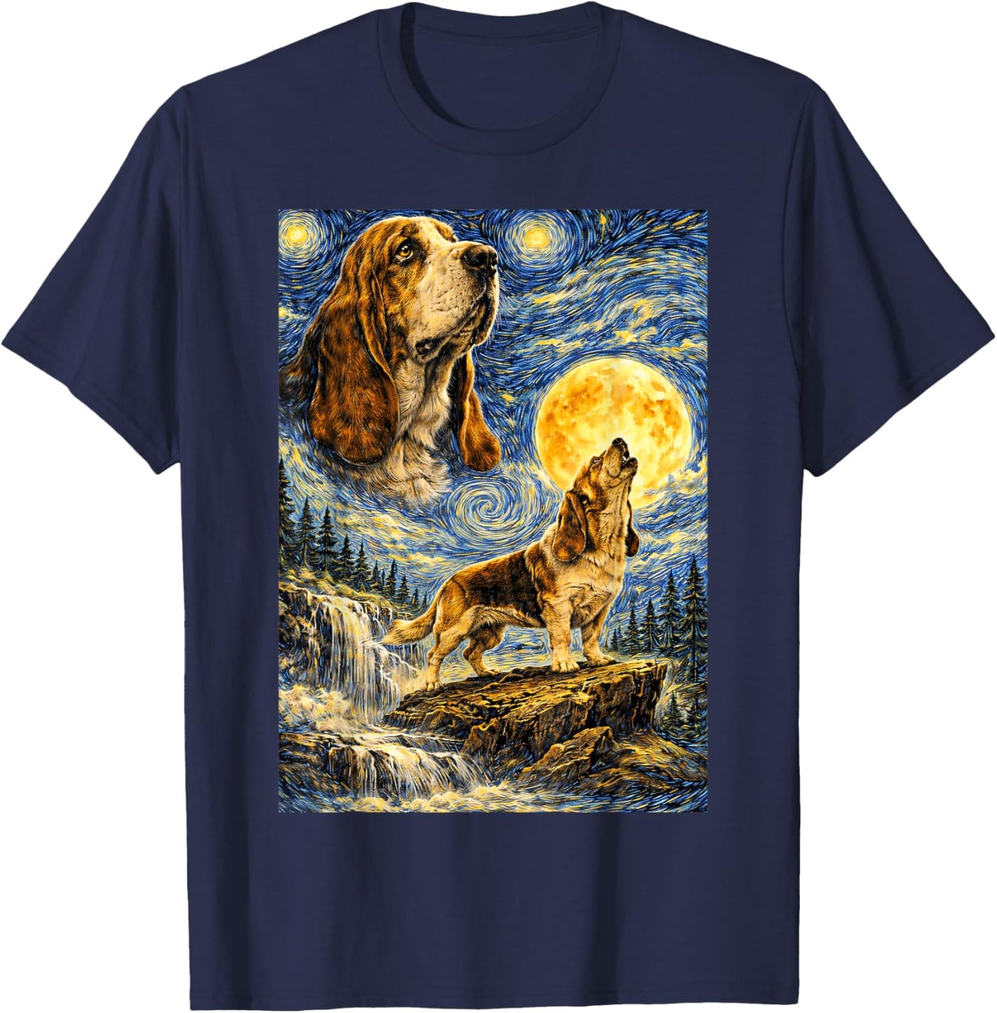 Basset Hound Starry Night Van Gogh Cute Howling Dog T-Shirt - T-Shirt | Navy