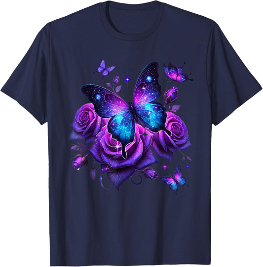 Beautiful Purple Butterfly Rose T-Shirt - T-Shirt | Navy