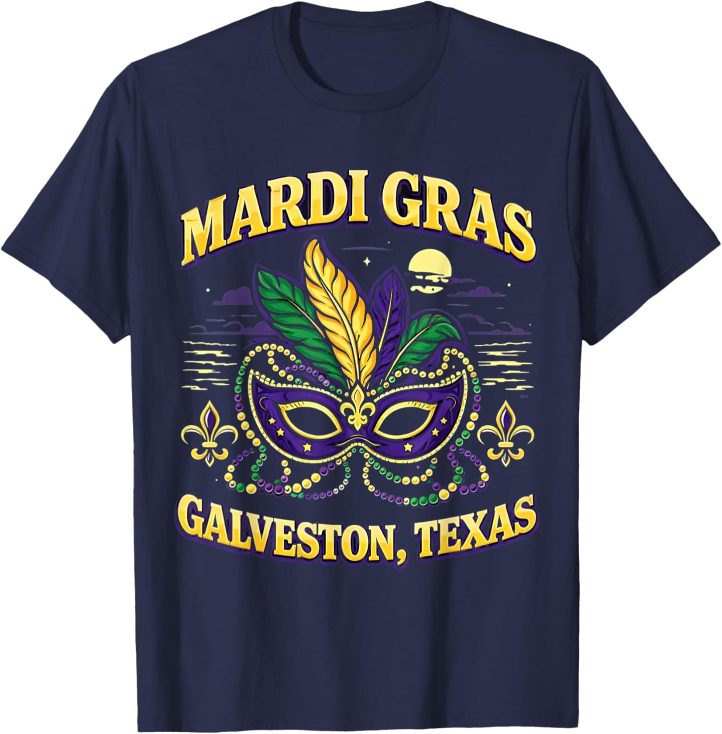 Mardi Gras Galveston Texas Mask Beads Feathers Parade T-Shirt - T-Shirt | Navy