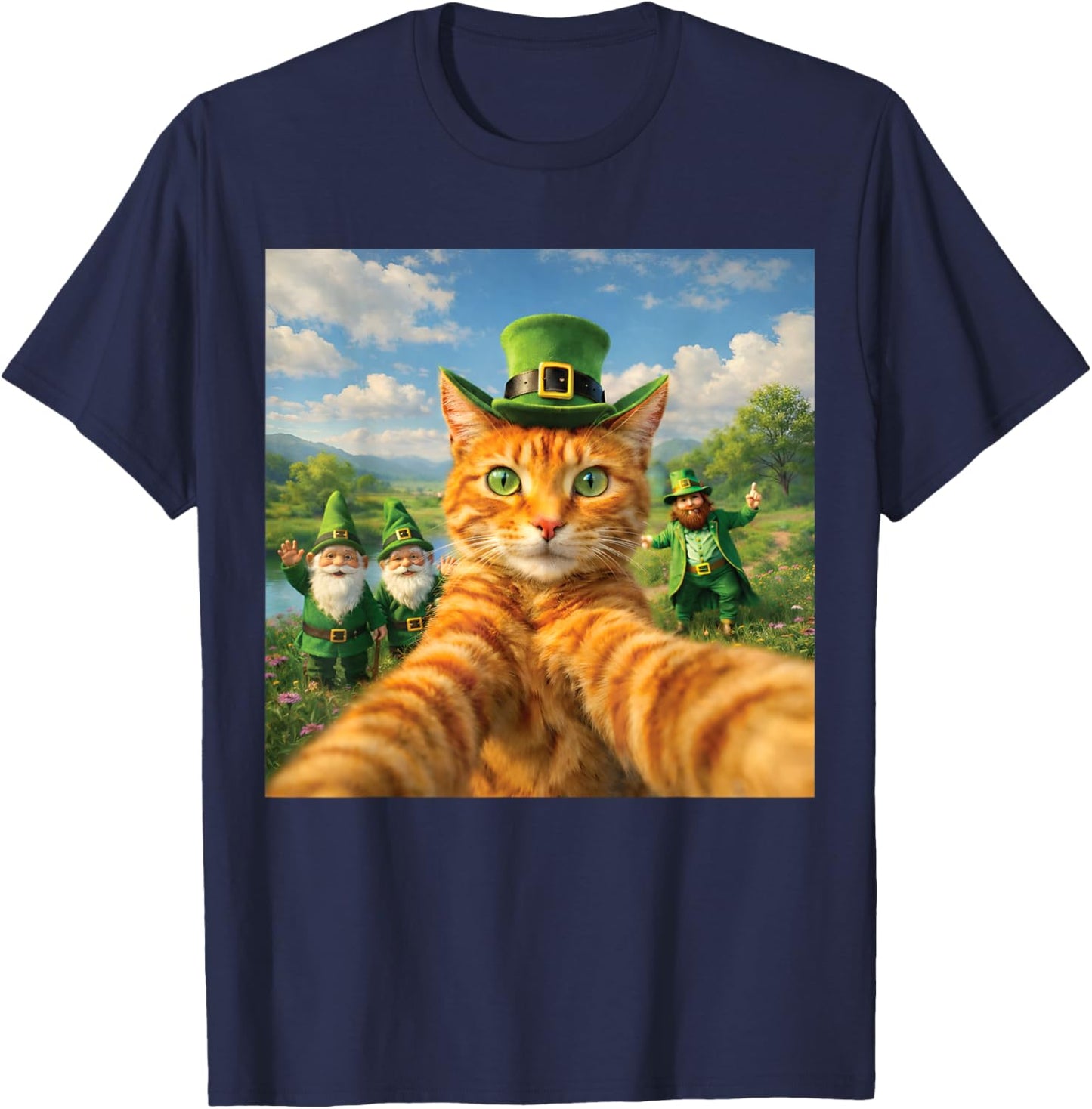 Funny St Patrick's Day Cat Selfie with Leprechaun T-Shirt - T-Shirt | Navy