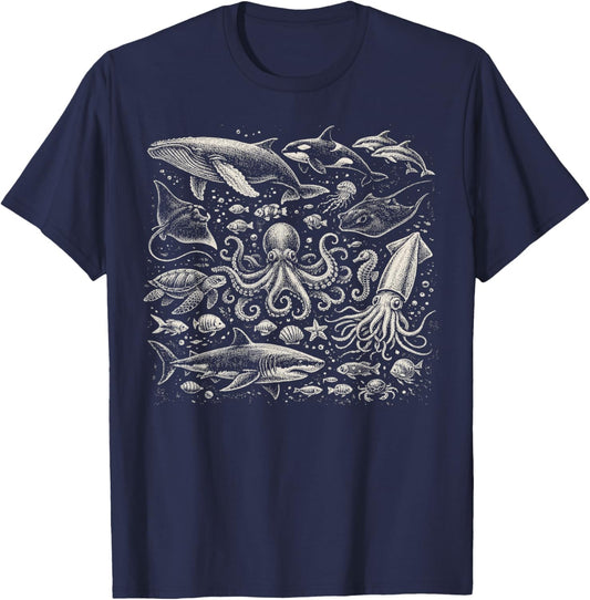 Retro Ocean Wildlife Shark Fish Octopus Turtle Animal Lover T-Shirt - T-Shirt | Navy