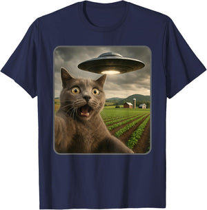 Funny Cat Selfie with UFO Alien Meme T-Shirt - T-Shirt | Navy