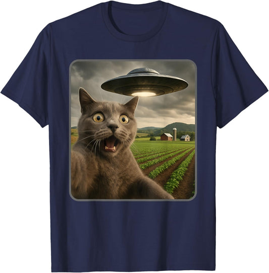 Funny Cat Selfie with UFO Alien Meme T-Shirt - T-Shirt | Navy